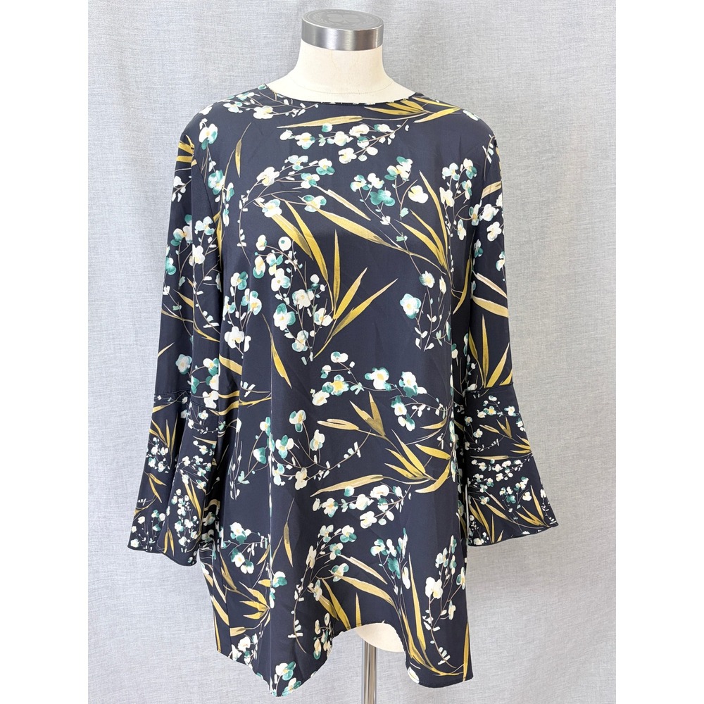 Lafayette 148 Sidra Blouse XL Navy Floral Botanical Bell Sleeve Tunic